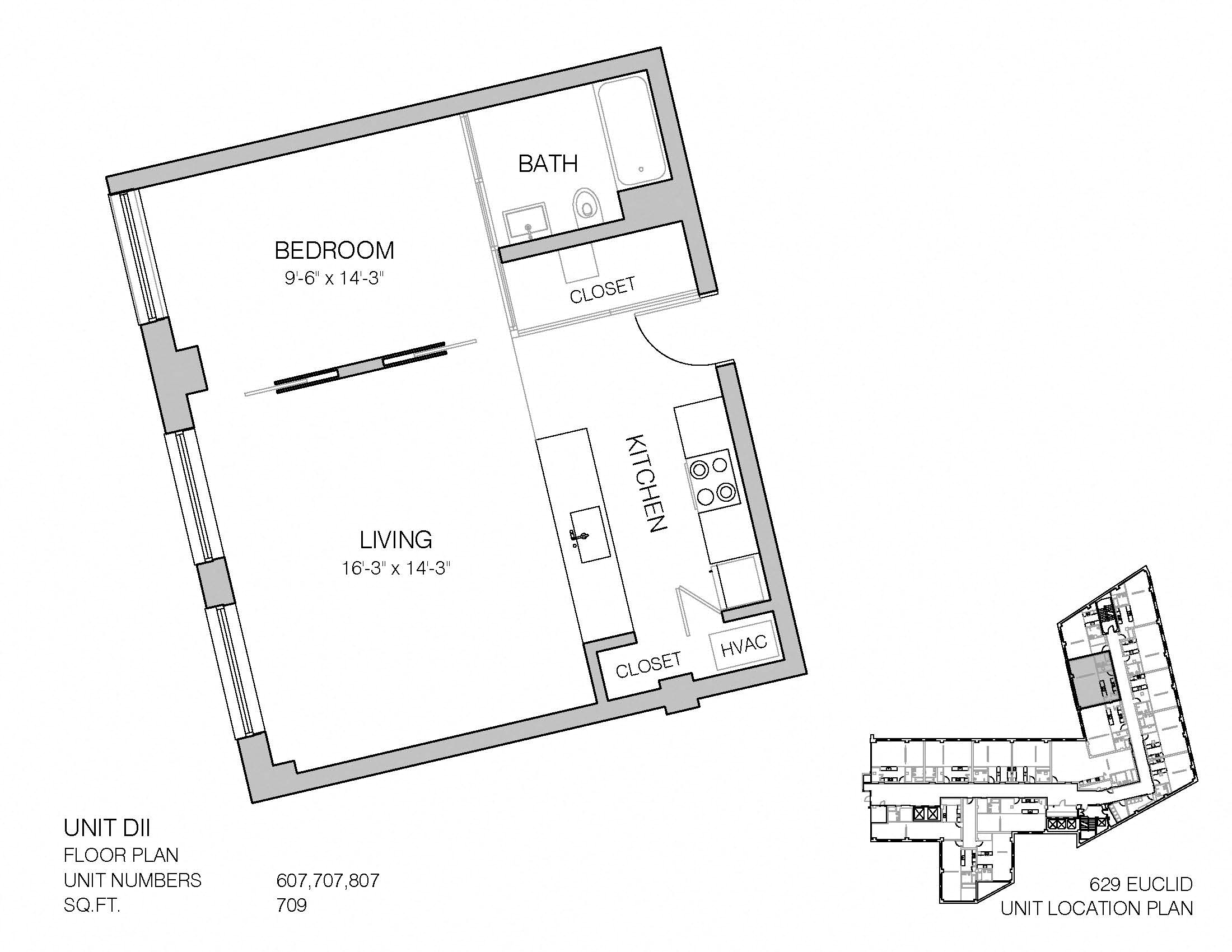Floor plan for 1 bed, 1 bath, 709 sqft